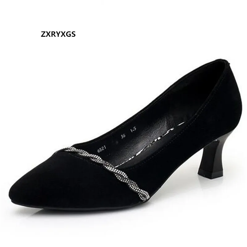 

2024 New High Quality Frosted Sheepskin Leather Shoes Women Pumps Rhinestone Shallow Elegance Fashion Stilettos Black Big Size
