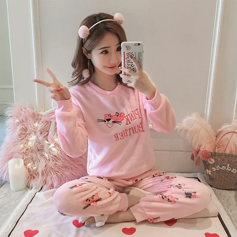 

[Jun xin] Flannel Pajamas Women's Pink Panther Long Sleeve Autumn & Winter Warm Sweet-Outer Wear Homewear Set