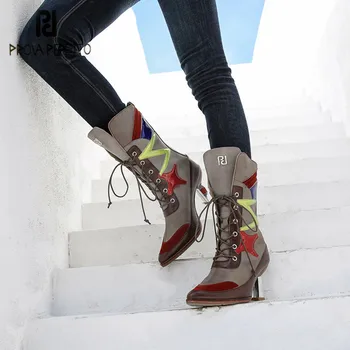 

Prova Perfetto Hand-made Genuine Leather Womens Casual Boots Mixed Colors Pointed Toe Stiletto Cross-tied Office Lady Boots 2020