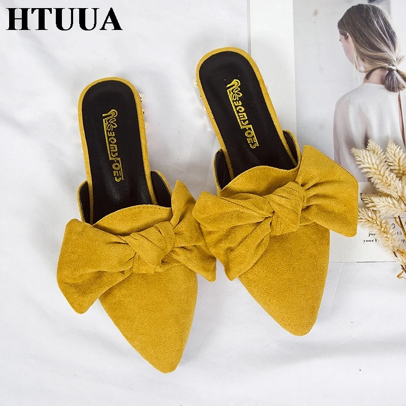 HTUUA/; женские шлепанцы из флока с жемчужным бантом; шлепанцы на плоской подошве; женские летние шлепанцы с острым носком; женские сандалии; SX2382