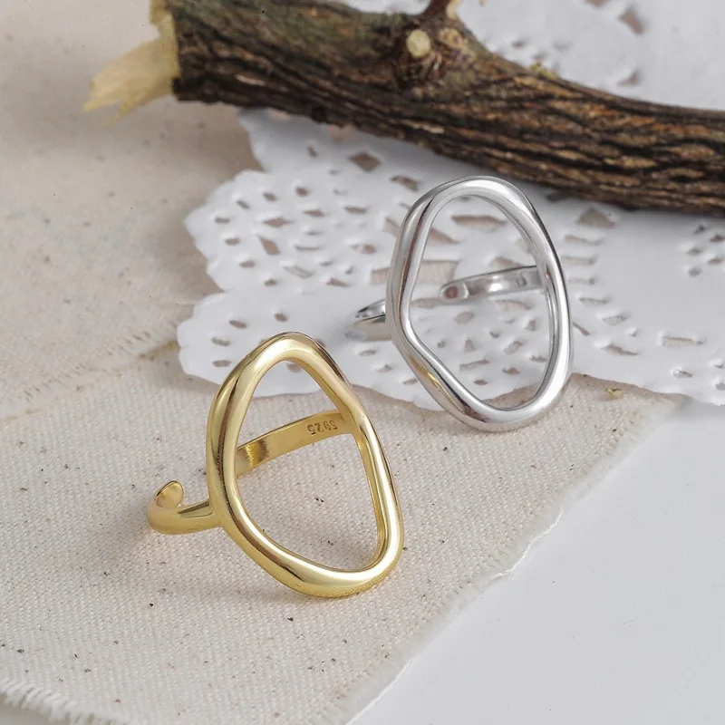 925 Sterling Silver Rings for Women Hollow Out Gold Color Resizable Opening