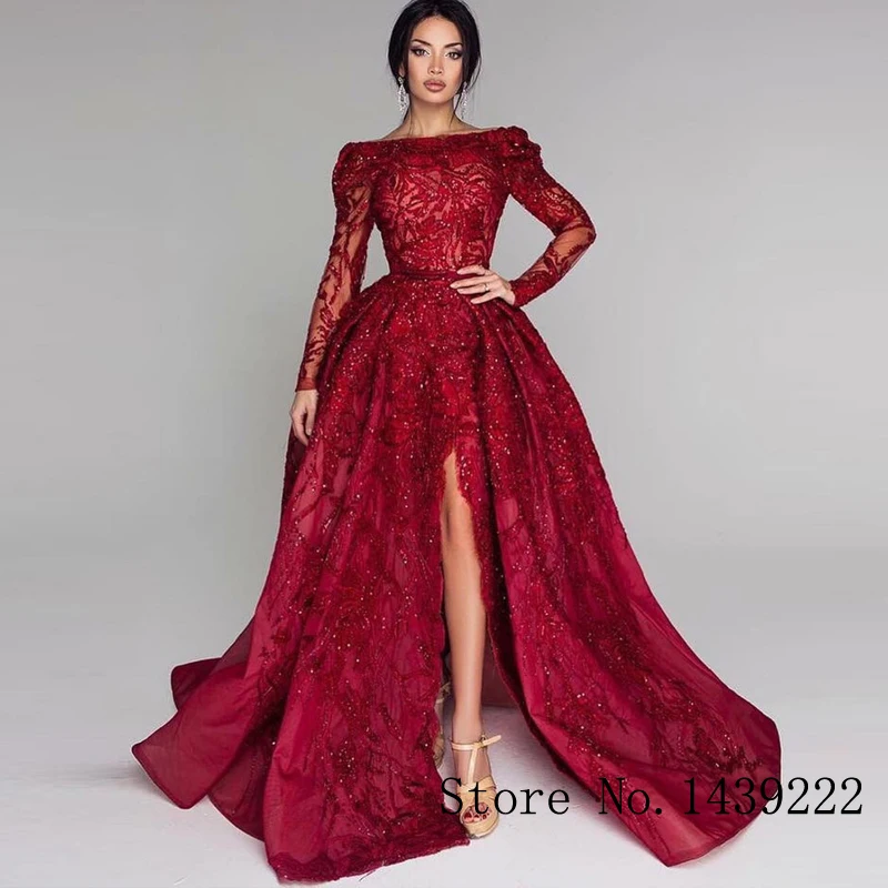 

Sofuge Burgundi Muslim Evening Dress One Shoulder High Slit Formal Celebrity Formal Dresses Robe De Soiree Evening Party Gown