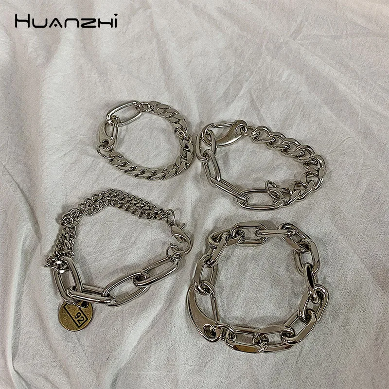 HUANZHI Silver Color Punk Bangle Classic Hip Hop Harajuku Thick Chain Thin Double Pendant Link Round Bracelet For Men Jewelry