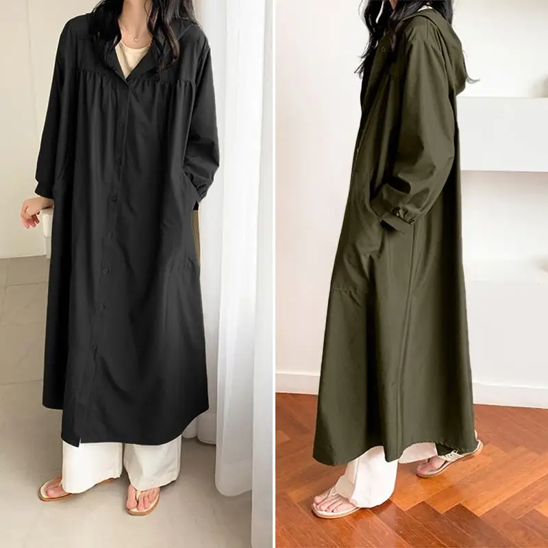 ZANZEA-gabardina informal con capucha para mujer, abrigo largo con bolsillos y botones, plisado, manga larga, cortavientos de talla grande 5XL
