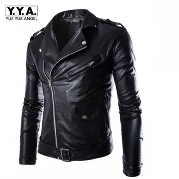 

Fashion Motor Biker PU Leather Jacket Men Buckle Zip Lapel Collar British Jaqueta Motoqueiro Black White Punk Rock Outwear Coats