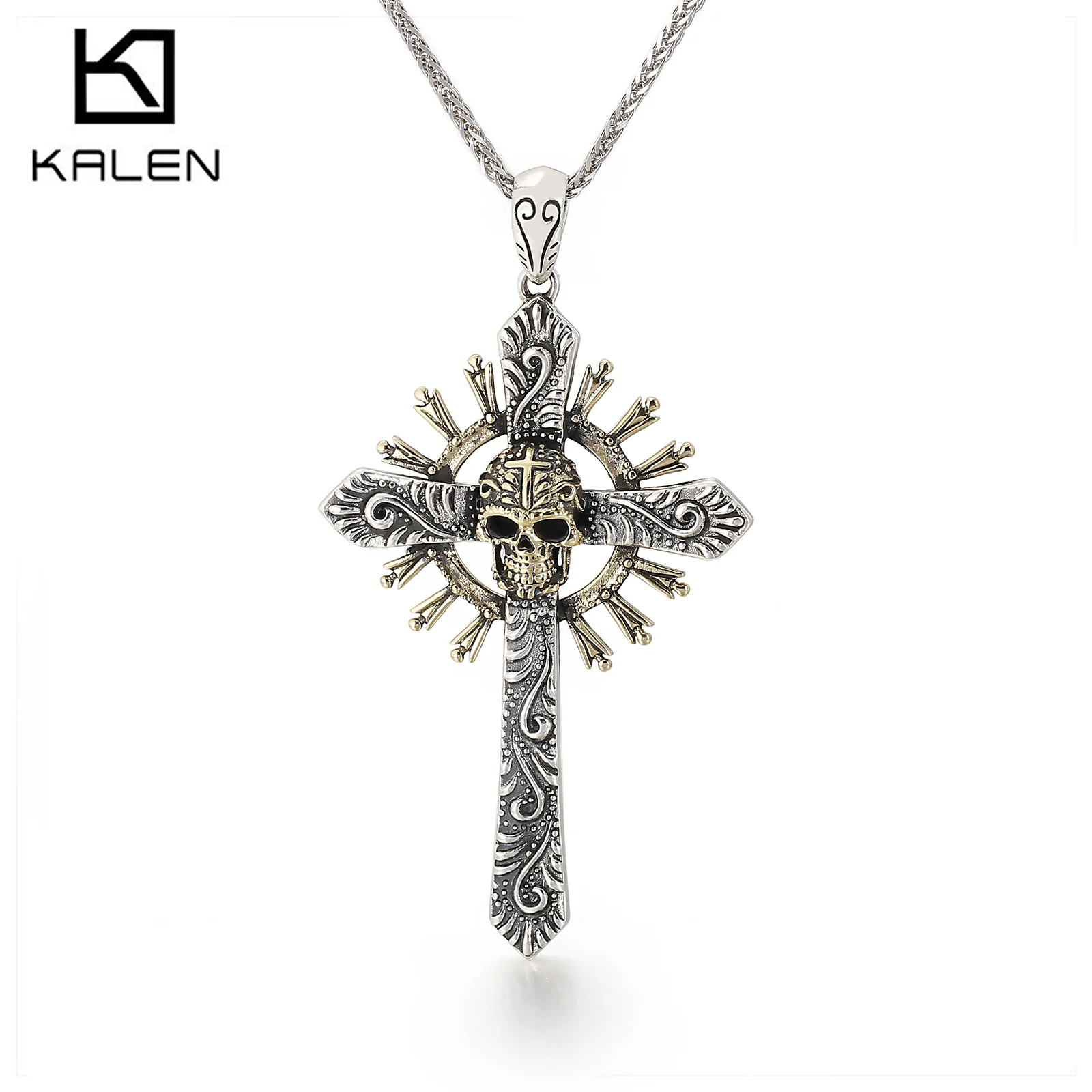 

KALEN 925 Sterling Silver Cross Skull Pendant Necklace For Men Punk Jewelry