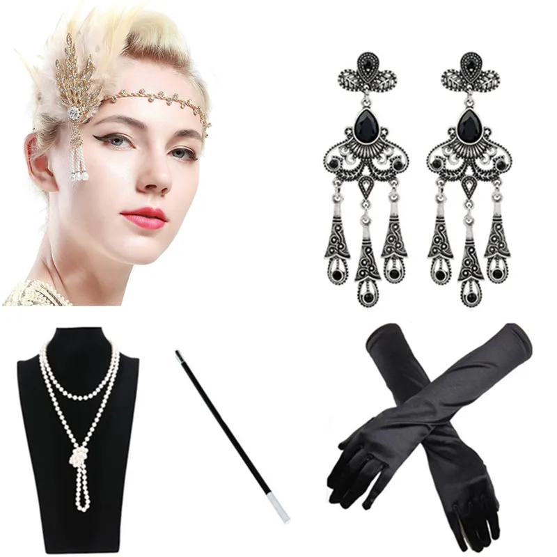 Женская 1920s Великолепная вычурная головная повязка жемчужное ожерелье длинные перчатки колготки держатель для сигарет Gatsby вечерние костюм девушки-флаппера 5 шт набор