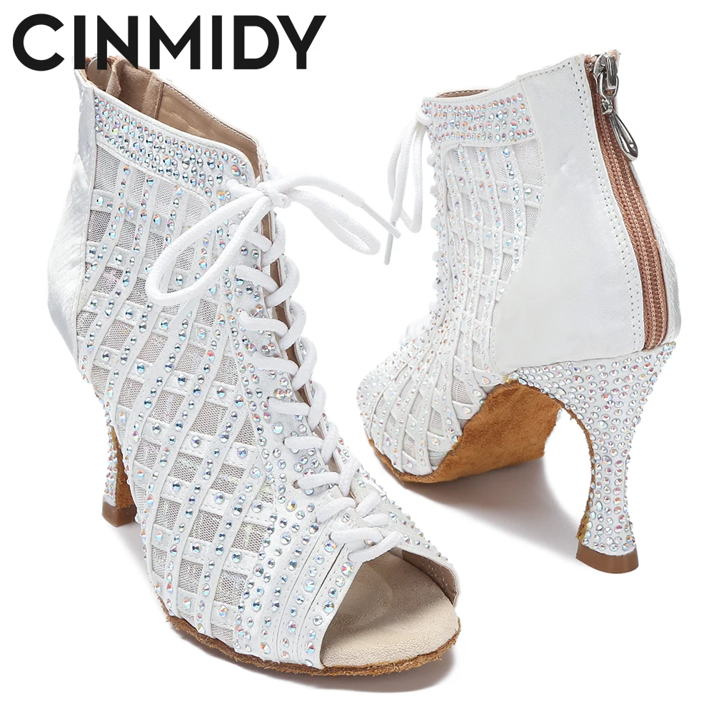 CINMIDY White Latin Dance Boots Samba Salsa Ballroom Dance Shoe Woman Soft Sole Latin Dance Shoe Ladies Mesh High Heel Boots 9CM 3