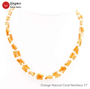 

Qingmos Natural Orange Coral Necklace for Women with 3*9mm Thick Slice Coral & 4mm White Pearl Necklace 3 Strands Chokers 17''