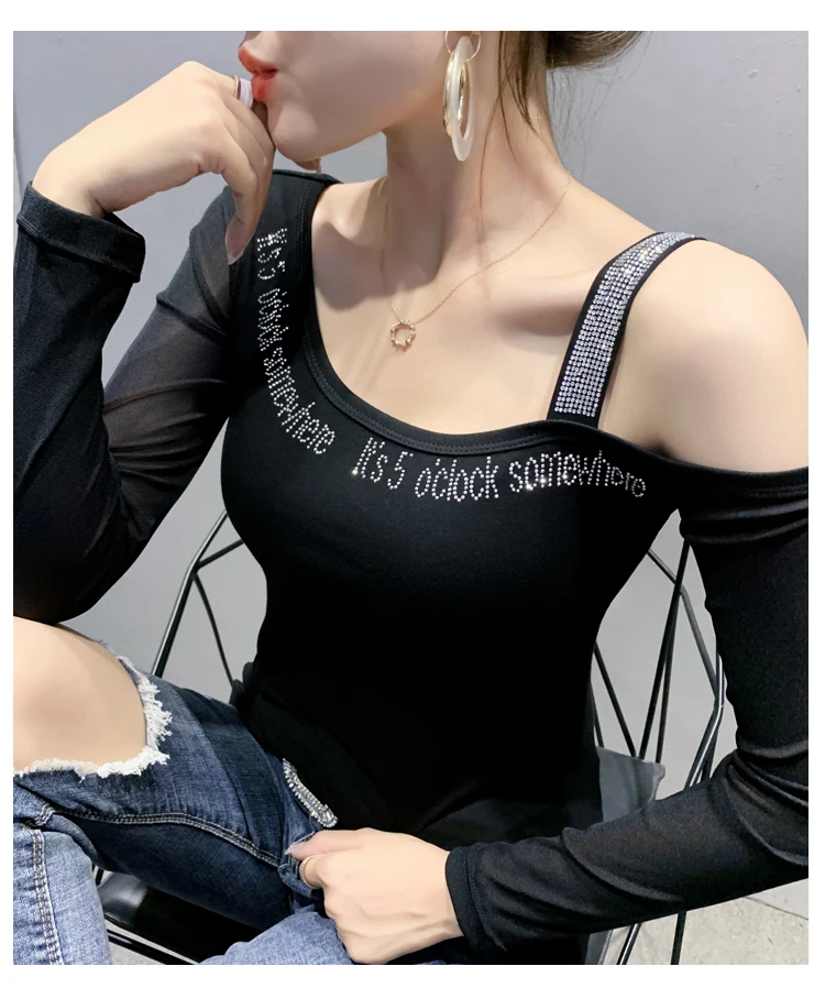 2020 Autumn New women tops Fashion long sleeve sexy off the shoulder women t-shirt hot drilling Elegant slim women clothing