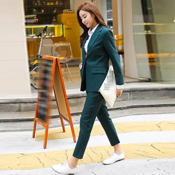

New Elegant Office Work Wear Pant Suits OL 2 Piece Sets Solid Blazer Jacket & Trousers Suit For Women Set Femme