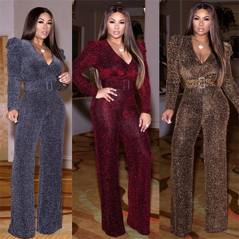 

V Neck Belted Metallic Jumpsuits
