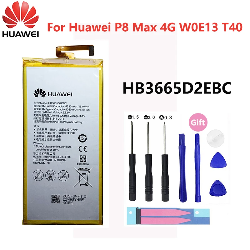 

100% Original Hua wei HB3665D2EBC Phone Battery For Huawei P8 MAX 4G W0E13 T40 DAV-703L DAV-713L DAV-701L DAV-702L 4230mAh