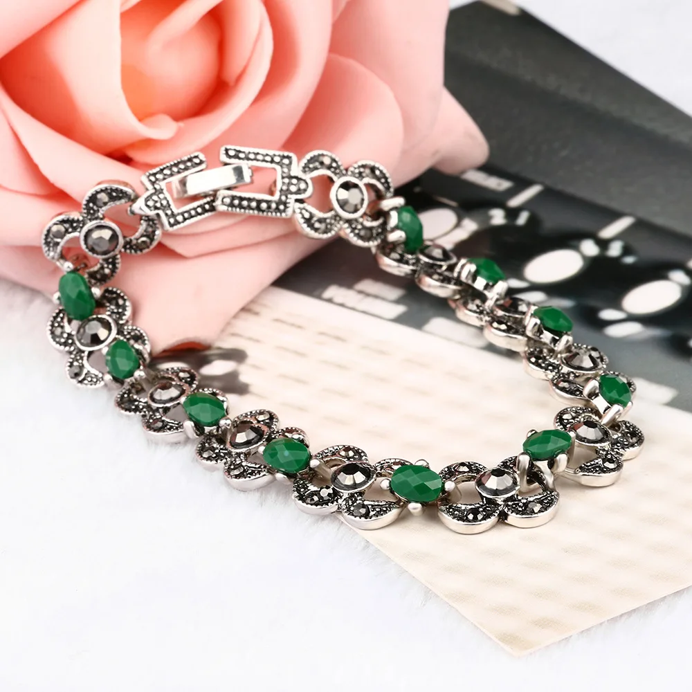 Лидер продаж зеленый Винтаж Смола Тибет серебряные браслеты для женщин подарок модные этнические ювелирные изделия
