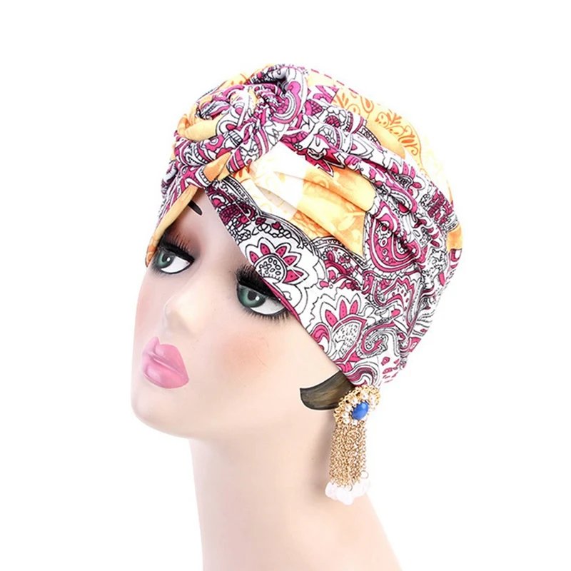 Ethnic Knotted Turban Hat Stretch Chemo Cap Muslim Women Bandana Headwrap