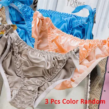 

Moxeay 3PCS/Lot Hot Silk Sexy Womens Panties 100% Pure Silk Satin Lace-up Underwear for Women Briefs Female Panties Color Random