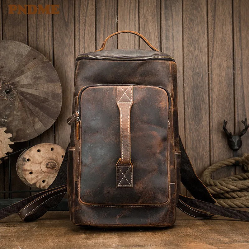 

Retro crazy horse cowhide large capacity men's backpack fashion outdoor travel natural genuine leather bucket design big bagpack