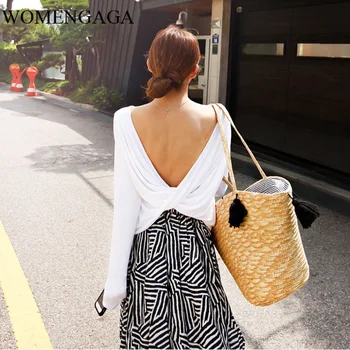 

Summer New 2020 Fashion White Backless Sexy Korea Solid Color Loose Casual O Neck Tops T Shirt Girl Female E026