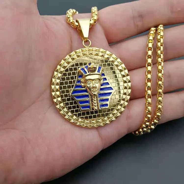 

Gold Color Stainless steel Egyptian Pharaoh Head Face Pendant Necklace Men Women Design HipHop Style Long Chain Necklace Jewelry