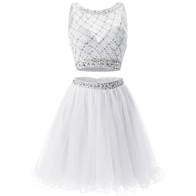 Free Shipping Homecoming Dress Tulle Two Pieces Girl Party Wear Cocktail Dresses Crystal Beaded Charming graduation robes White