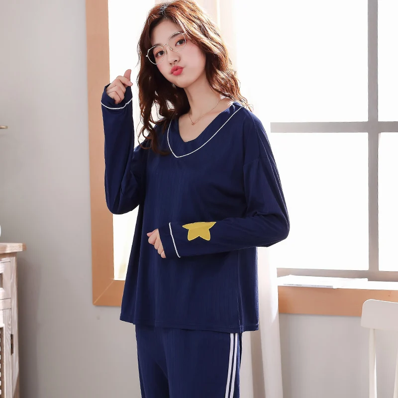 Goedkoop Herfst En Winter Grote Code V hals Vrouwen Nachtkleding Pak Lange Mouw Broek Puur Katoen Vrouwen Nachtkleding Dames Pyjama