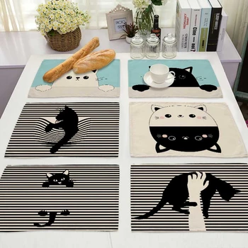 

Bkack Christmas Cat Pattern Cotton Linen Pad Dining Table Mats Coaster Bowl Cup Mat Pattern Kitchen Placemat Home Decor ML0016