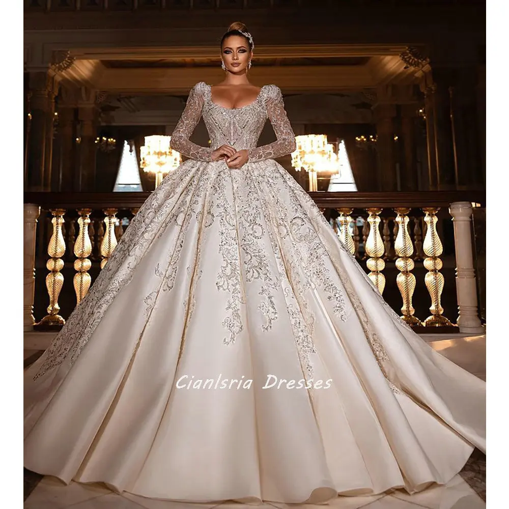 

Amazing Scoop Beading Crystal Dubai Ball Gown Wedding Dresses Illusion Long Sleeve Appliques Lace Saudi Arabic Bridal Gowns