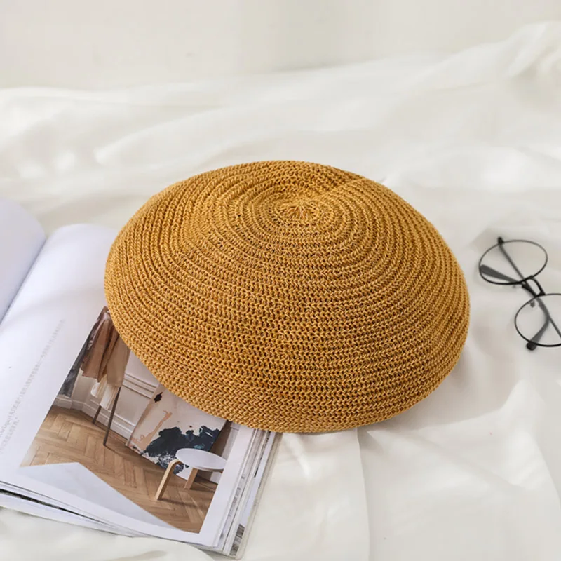 Женские шерстяные береты на весну и зиму, милые Твердые крышки, женские повседневные шляпы на плоской подошве, женские шляпы для прогулок - Цвет: Цвет: желтый
