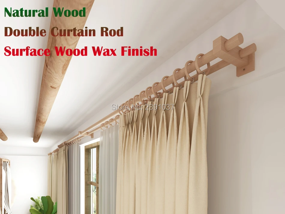 NaturalWoodDoubleCurtainTrackSetRomanRodSurfaceVarnishFinish