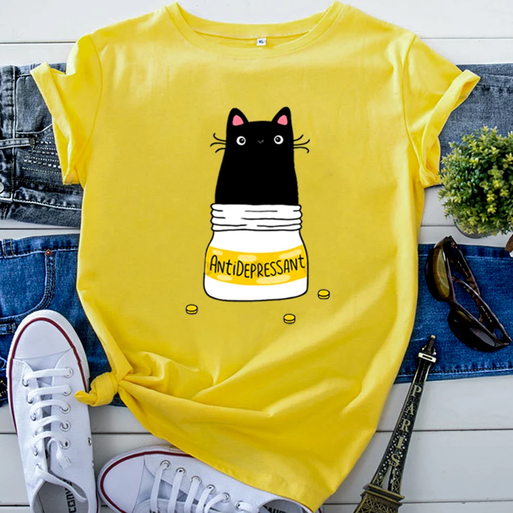 T Shirt For Woman Lovely Black Kitten Personality Text Print Women T Shirt Cotton Harajuku Tshirts Womens Vintage Gothic Clothes