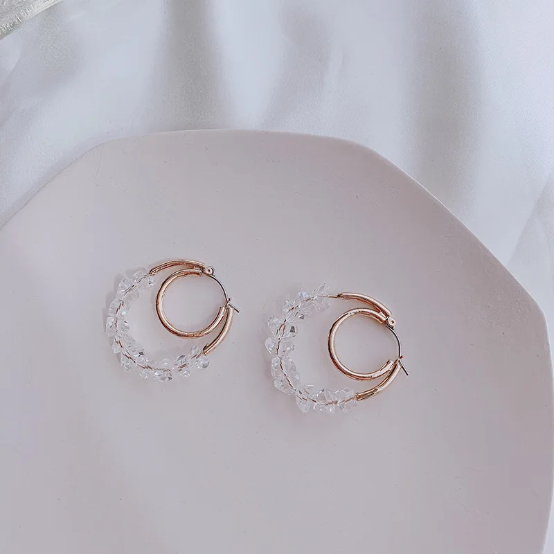 Korean Simple Exquisite Transparent Crystal Beaded Double Metal Circle Earrings Temperament Sweet Girl Women Jewelry Accessories