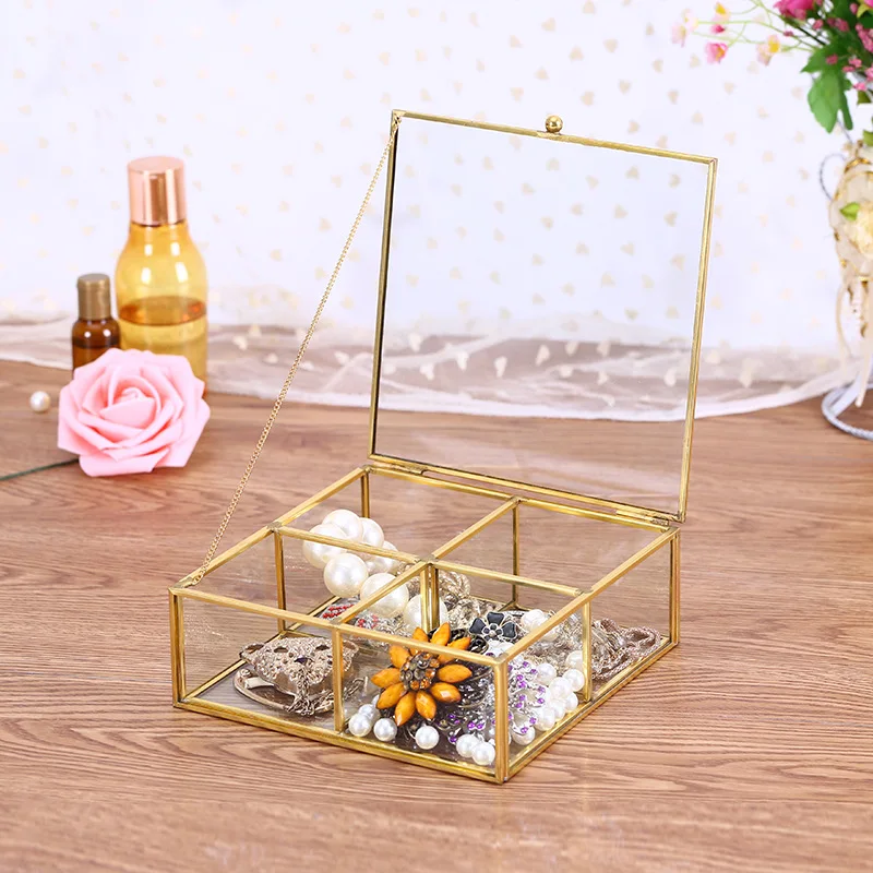 

FACEINS Jewelry Boxes Storage Geometric Glass Storage Box For Jewelry Display Gold Jewelry Organizer Transparent Box 4 Grids
