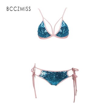 

BCCZMISS Swimming Pink Hot Sexy Suitwear For Women Blue Sequins Decoration Female Colorful Bikini Sets Two-Pieces Beach