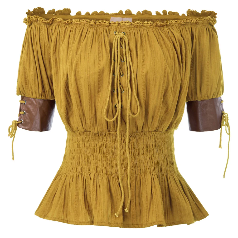 Belle Poque, женские топы, винтажная рубашка, с открытыми плечами, половина рукава, готические топы, Ретро стиль, для девушек, стимпанк, повседневная одноцветная футболка - Цвет: Golden Rod