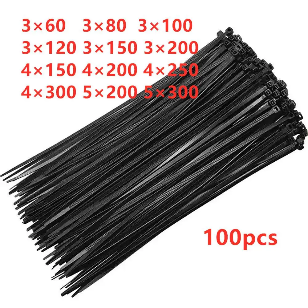 Fastening-Ring Cable-Tie Wraps Self-Locking Plastic Nylon Strap 3X200 Black 100PCS