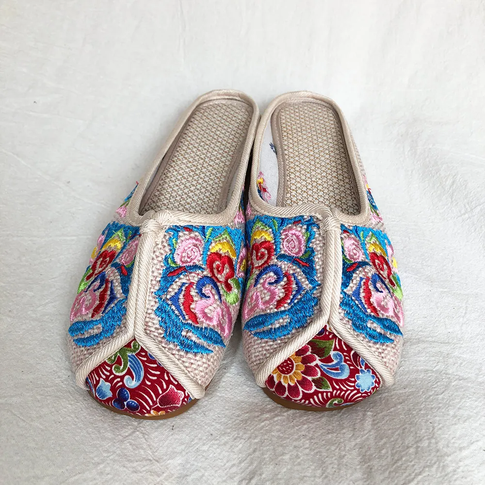 Veowalk Blooming Peacock Embroidered Women Summer Canvas Close Toe Flat  Slippers Handmade Vintage Ladies Comfort Mule Shoes