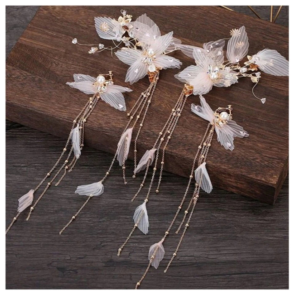 Китайский винтажный стиль, сказочный парикмахерский зажим, серьги, набор из четырех предметов, Шелковый цветок, жемчужная кисточка, антикварные боковые шпильки - Цвет: Зеленый