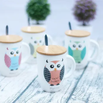 

400ml Owl pattern mug with lid spoon,ceramic tea cups mugs Colored inner wall couple Coffee mugs milk cup Drinkware