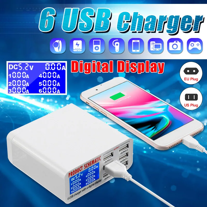 

LEORY Intelligent 6 Port USB Charger LCD Multi USB Charging Station Dock Mobile Phone Desktop Wall Home Fast Charging Adapter