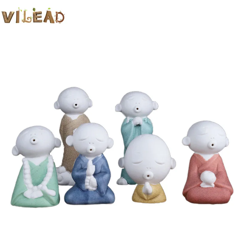 

VILEAD 3 Styles Ceramic Little Monk Ornaments Cute Miniature Figurine Tea Set Car Decor Home Decorations Monk Doll Toy