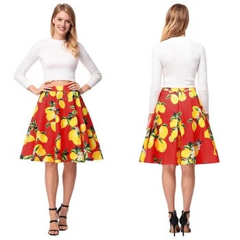 

Women Ladies Print Midi Skirts High Waist Pleated Knee Length OL Skirts