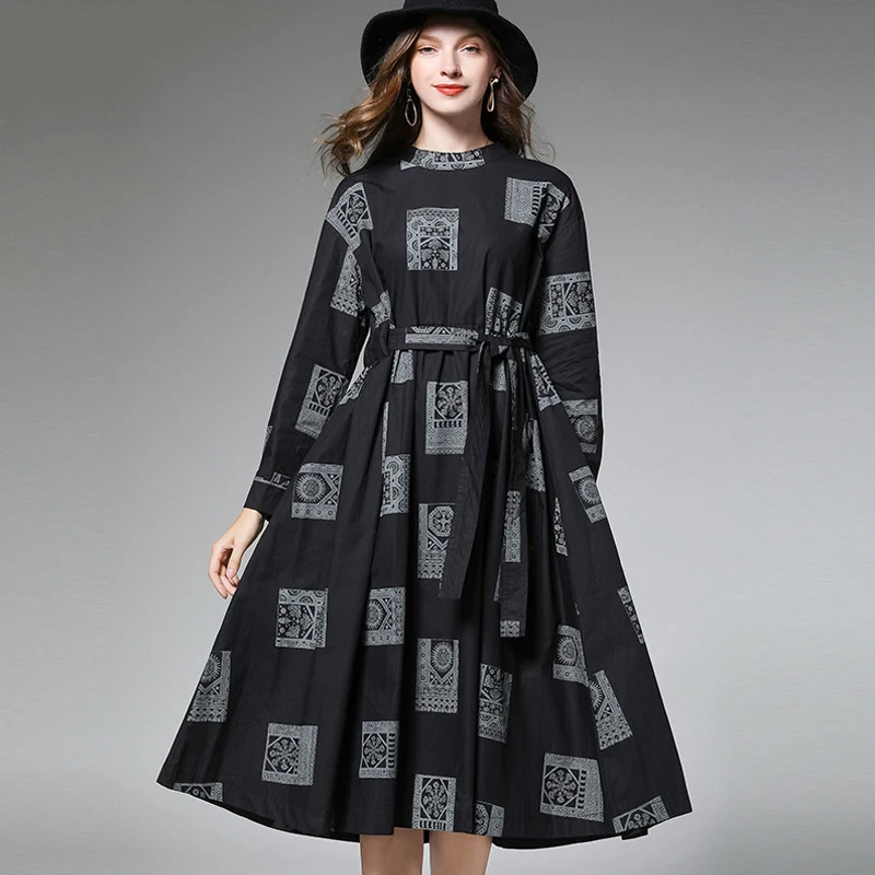 [EAM] женское платье с черным принтом, смешанные цвета, большой размер, с поясом, новинка, воротник-стойка, длинный рукав, свободный крой, Мода весна-осень, 1B256