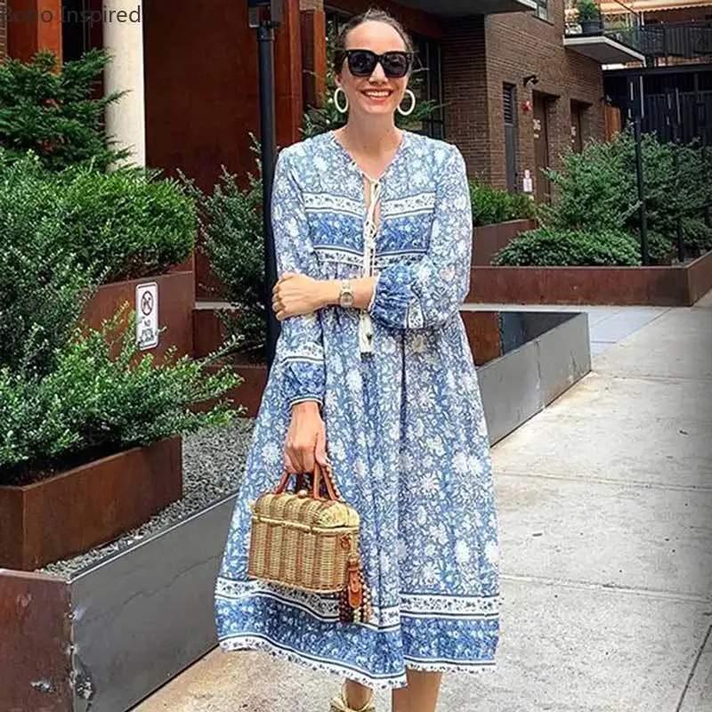Женское платье с длинным рукавом цветочным принтом|robe femme|dress bohemianmaxi dress |