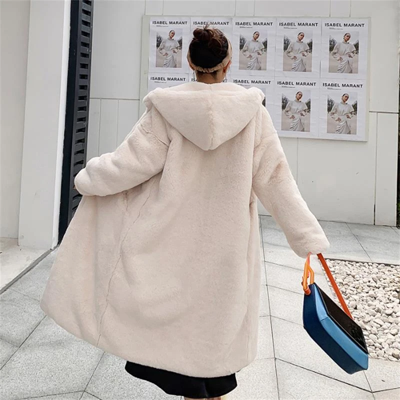 Модное женское зимнее теплое длинное пальто с искусственным кроличьим мехом, женское плотное пальто с капюшоном и длинным рукавом, Женская Повседневная Свободная верхняя одежда