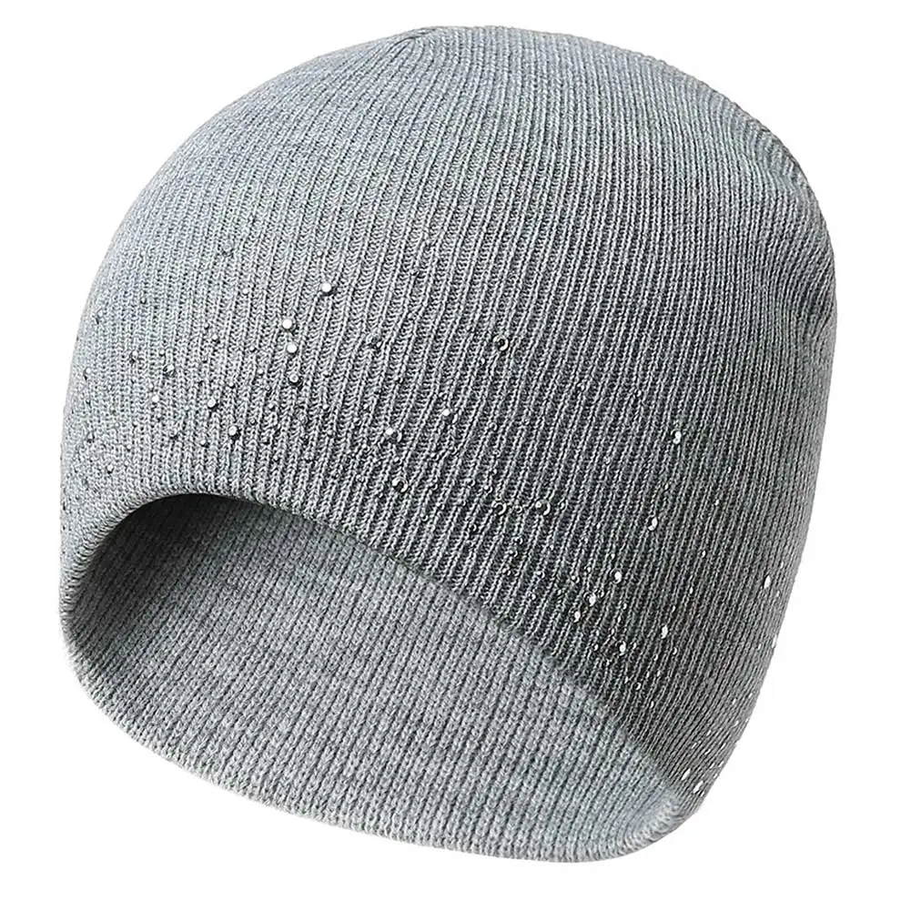Light Gray Новое поступление, осенняя зимняя женская шапка, стразы, головной убор, украшение, теплая шапочка, громоздкая Лыжная шапка с черепом - Цвет: Light Gray