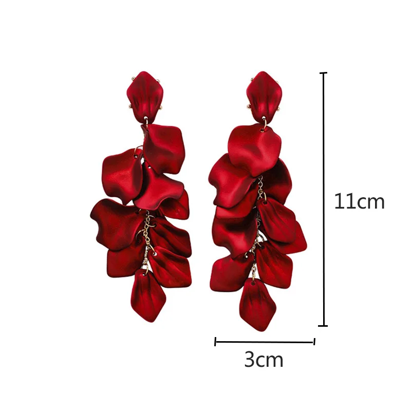 long Autumn Winter Red Earrings Gifts Vintage Wine Red Rose Flower Earrings Elegant Petal Tassel Long Drop Earrings Women Jewelry - Metal Color: long