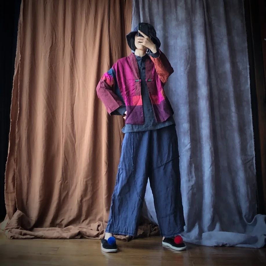 Johnature Patchwork 2020 Autumn New Women Pants Linen Elastic Waist Loose Vintage Ankle-Length Linen Casual Straight Pants