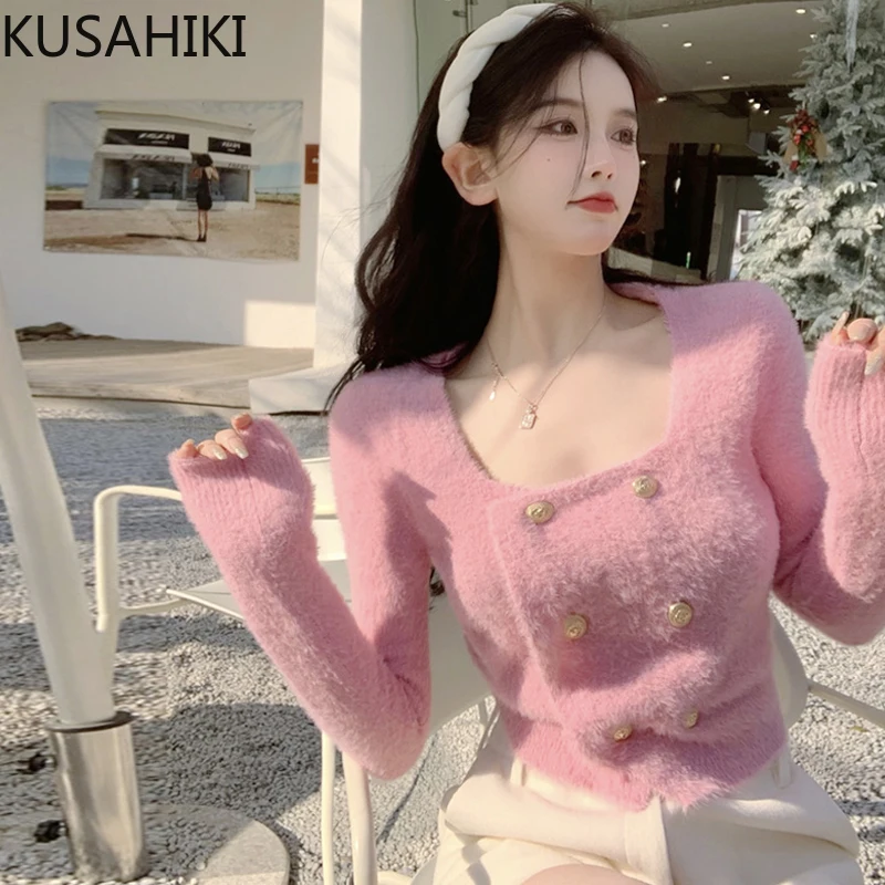 KUSAHIKI 2022 Spring New Short Sling Vest Korean Fashion Fur Tank Top Women Elegant Slim High Waist Crop Pullover Vests Feminimo camisole bra