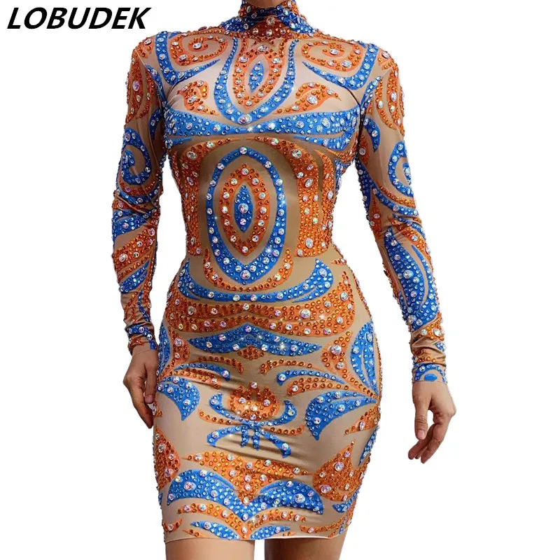 

Evening Party Birthday Celebrate Luxury Rhinestones Short Dress Long Sleeve Spandex Elastic Bodycon Outfit Singer Stage Wear