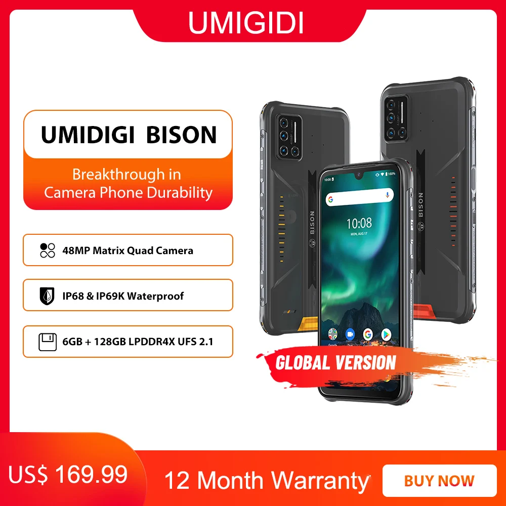 UMIDIGI-teléfono inteligente BISON IP68/IP69K, resistente al agua, Quad cámara de 48MP, pantalla FHD de 6,3 pulgadas, 6GB + 128GB, NFC, Android 10